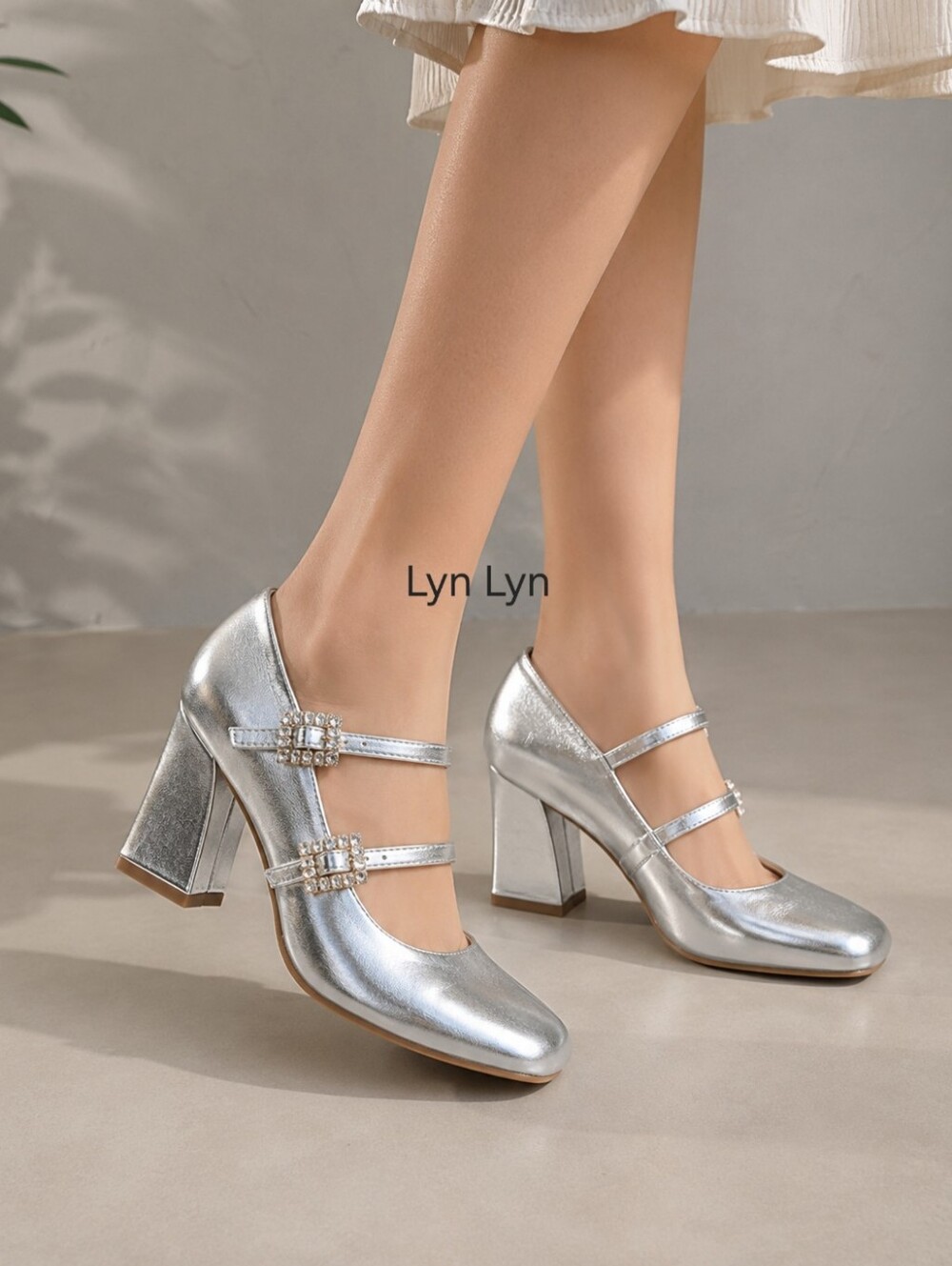 Silver Metallic Double-Strap Mary Jane Heels Size 7.5